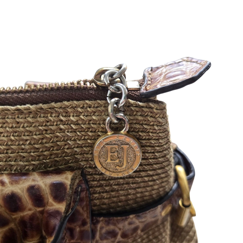 Eric Javits Woven Straw Croc Embossed Leather Trim Shoulder Bag Satchel - Picture 4 of 12